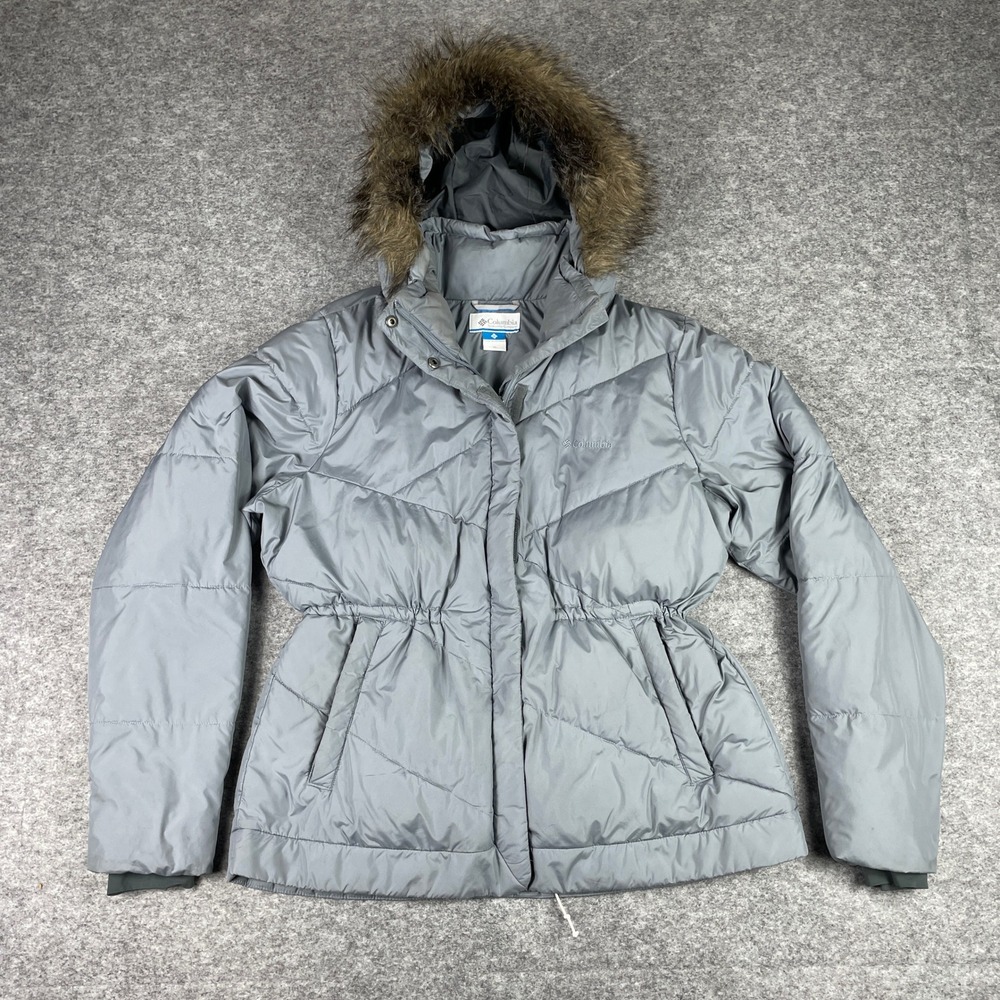 Columbia Puffer Jacket Womens XL Gray Faux Fur Trim Hooded Insulated Winter Coat